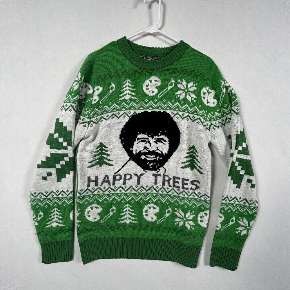 Bob Ross Men Green & White "Happy Trees" Holiday Fair Isle Sweater Size L Large